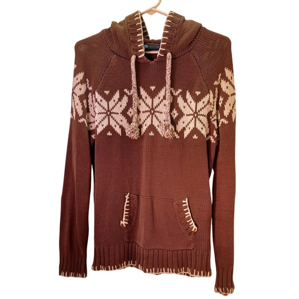 Relativity Brown Knit Snowflake Hoodie Sweater Size XL Nordic Preppy Boho Winter